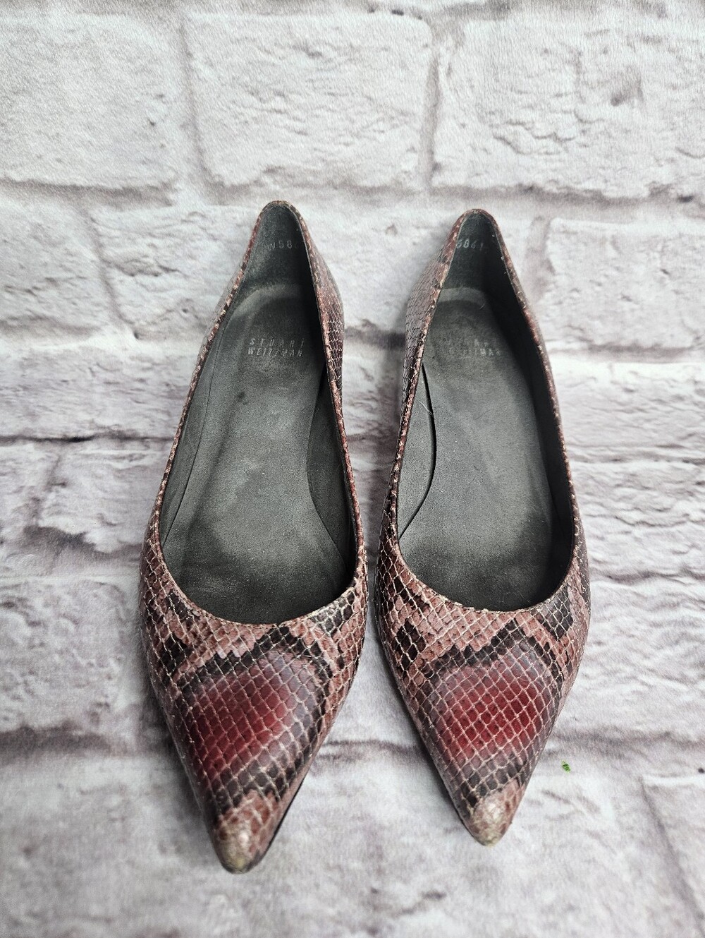 Stuart Weitzman Snakeskin Print Pointed Toe Leather Kitten Heels 7.5